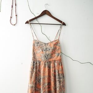 Tangerine Floral Printed Strapless Tea Length Dress
